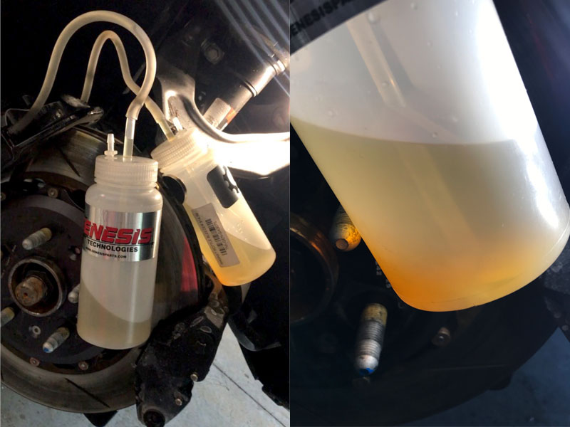Attach the magnetic bleeder bottles to the brake rotor. Connect the hoses to the bleeder valaves and loosen the bleeder screw to drain the fluid.