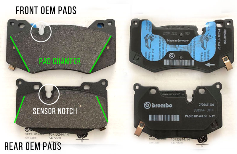 The OEM pads have less friction material due to the large chamfer.